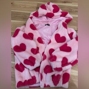 SHEIN Pink Fuzzy Jacket with Heart Design